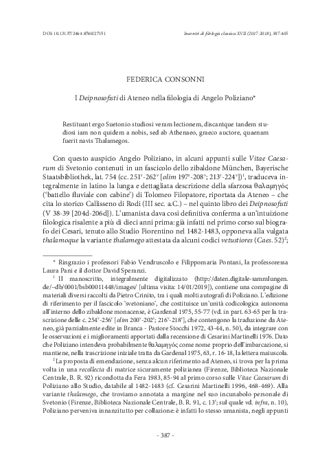 (PDF) I Deipnosofisti di Ateneo nella filologia di Angelo Poliziano