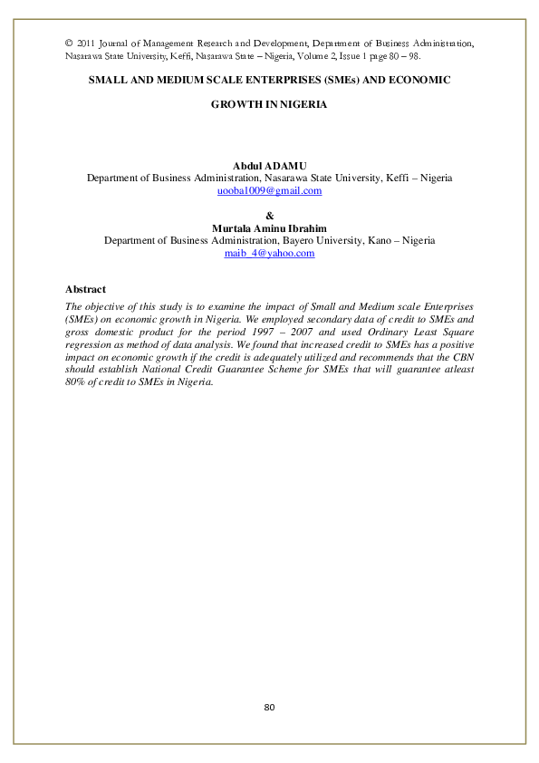 (PDF) SMALL AND MEDIUM SCALE ENTERPRISES (SMEs) AND ECONOMIC GROWTH IN ...