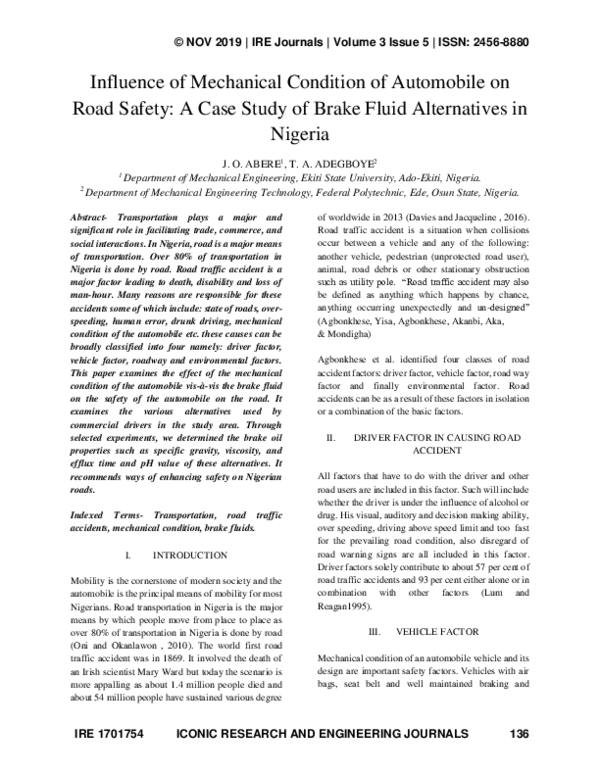 (PDF) Influence of Mechanical Condition of Automobile on Road Safety A