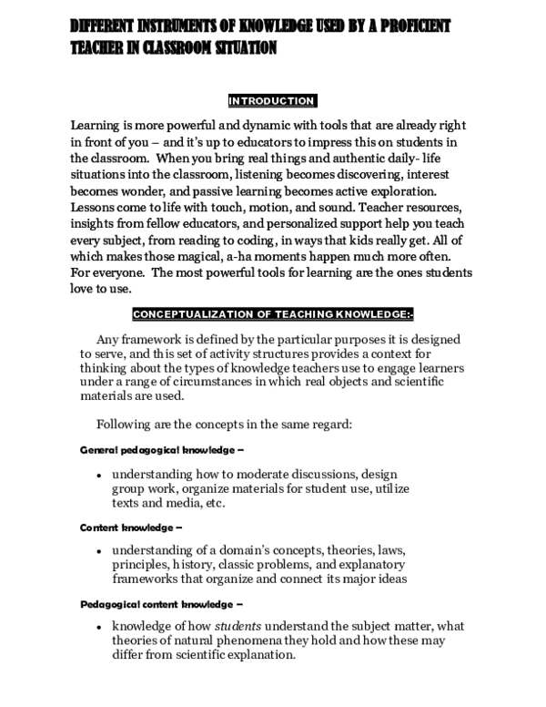 (PDF) DIFFERENT INSTRUMENTS OF KNOWLEDGE USED BY A PROFICIENT TEACHER IN CLASSROOM SITUATION