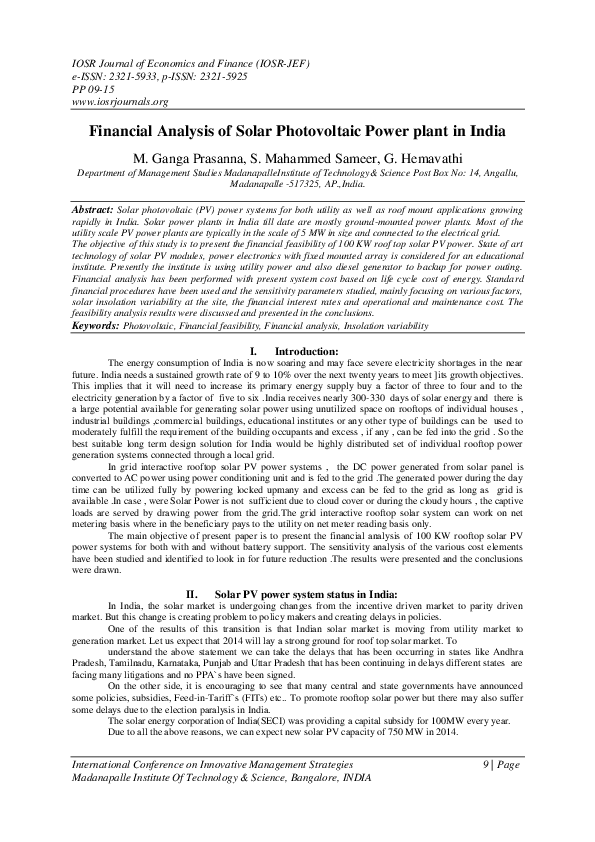 (PDF) Financial Analysis of Solar Photovoltaic Power plant in India