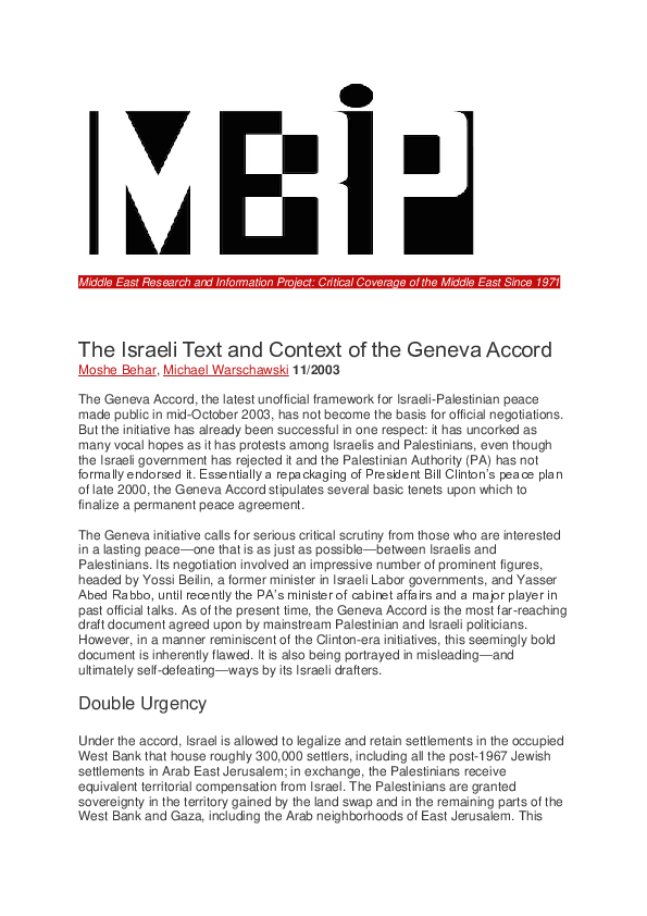 (PDF) The Israeli Text and Context of the Geneva Accord (2003)
