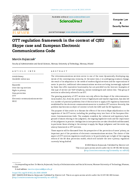 (PDF) OTT regulation framework in the context of CJEU Skype case and