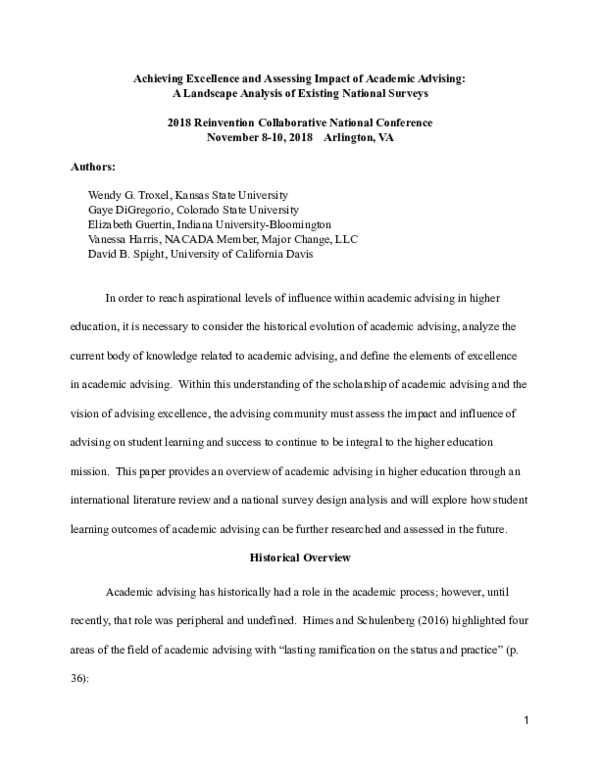Pdf Academic Advising Achieving Excellence And Assessing Impact