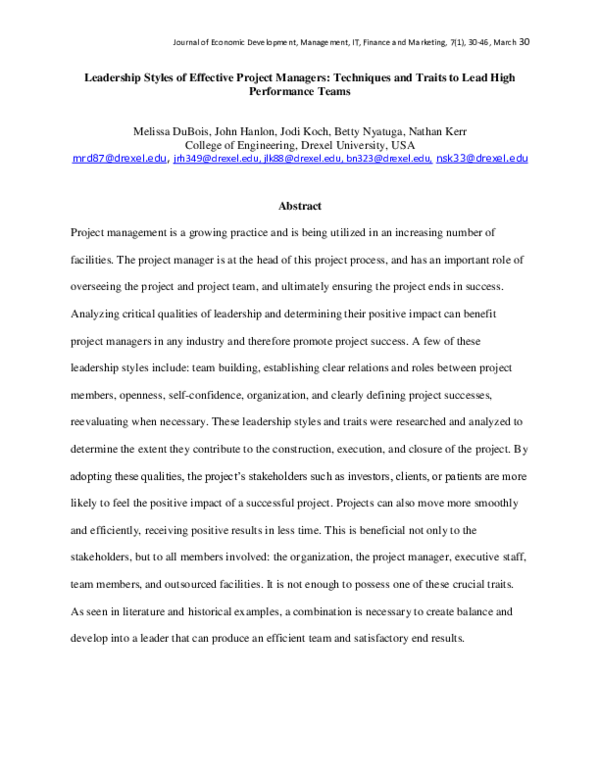(PDF) Leadership Styles of Effective Project Managers: Techniques and ...