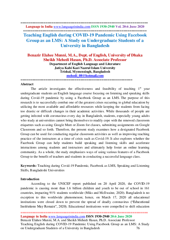 (PDF) Teaching English during COVID-19 Pandemic Using Facebook Group as ...