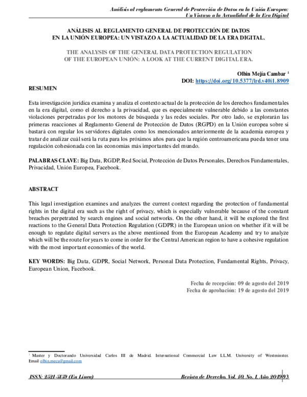 (PDF) Análisis al Reglamento General de Protección de Datos en la Unión ...