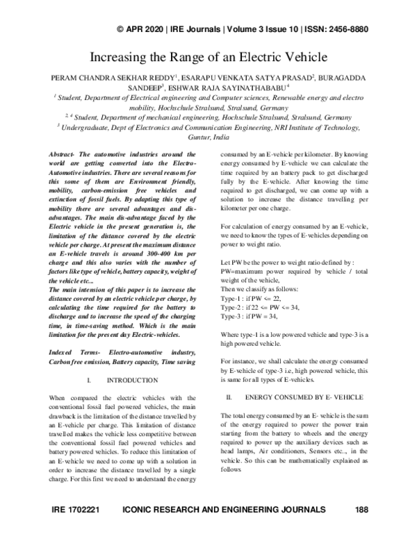 (PDF) Increasing the Range of an Electric Vehicle IRE Journals, Peram