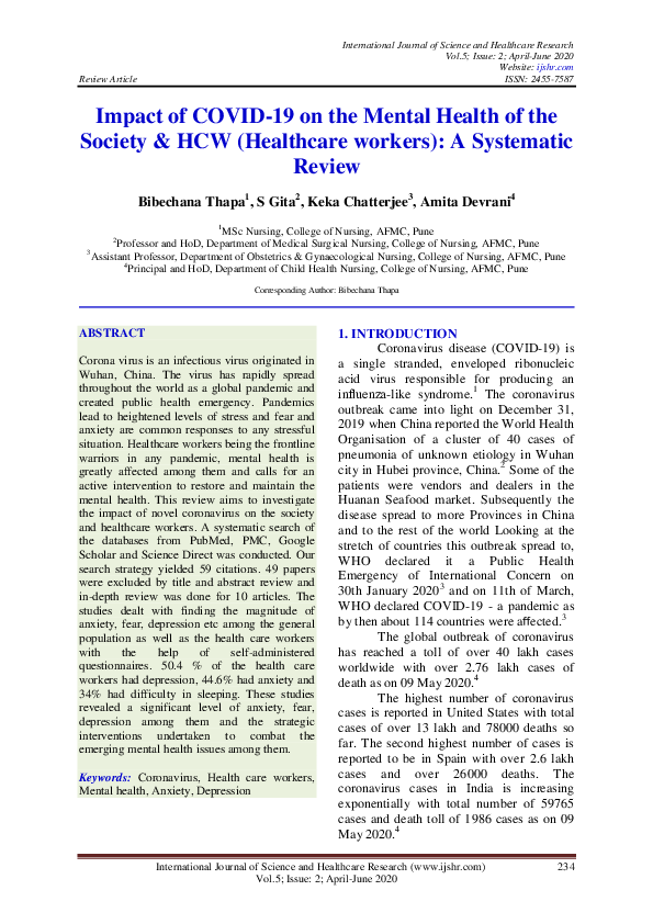 (PDF) Impact of COVID-19 on the Mental Health of the Society & HCW ...
