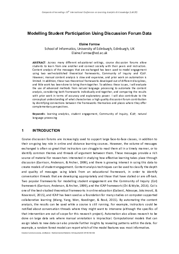 (PDF) Modelling Student Participation Using Discussion Forum Data