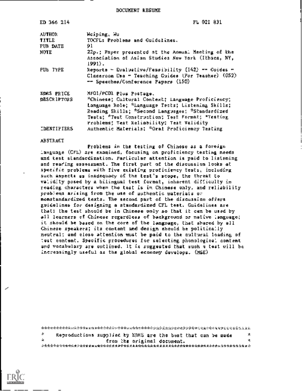 (PDF) TOCFL (Test of Chinese as a Foreign Language): Problems and