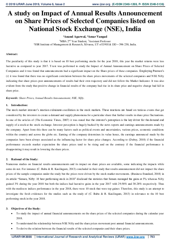 PDF) A study on Impact of Annual Results Announcement on Share Prices of  Selected Companies listed on National Stock Exchange (NSE), India | Amar  Vangad and ANAND AGARWAL - Academia.edu