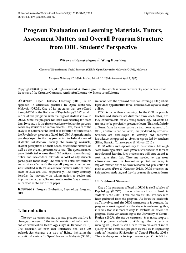 (PDF) Program Evaluation on Learning Materials, Tutors, Assessment ...