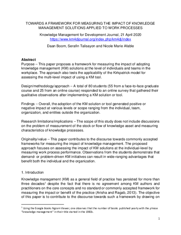 (PDF) TOWARDS A FRAMEWORK FOR MEASURING THE IMPACT OF KNOWLEDGE ...