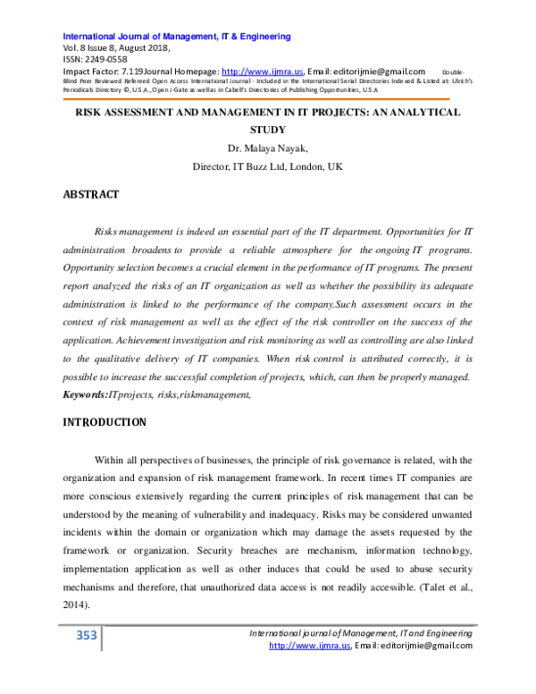 (PDF) RISK ASSESSMENT AND MANAGEMENT IN IT PROJECTS: AN ANALYTICAL STUDY
