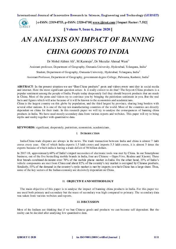 (PDF) AN ANALYSIS ON IMPACT OF BANNING CHINA GOODS TO INDIA