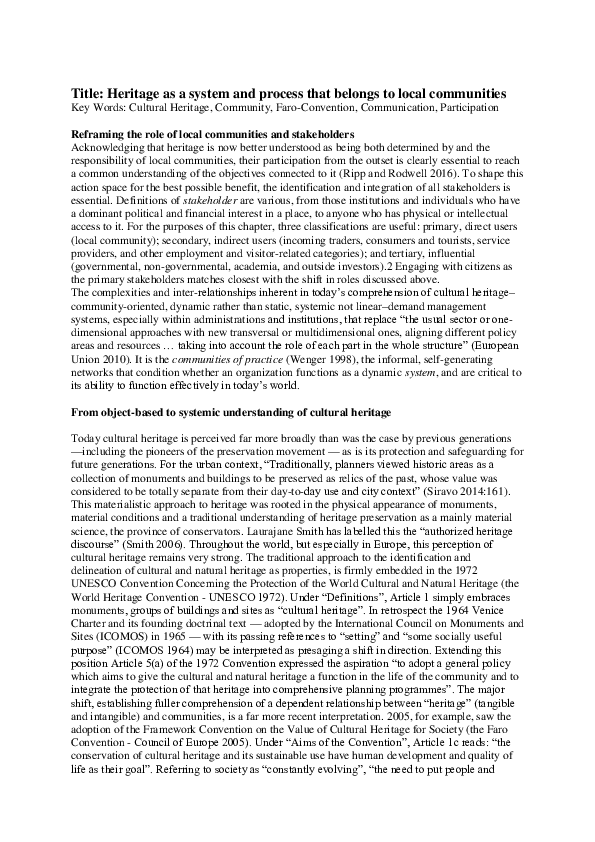 (PDF) Heritage as a system and process that belongs to local communities