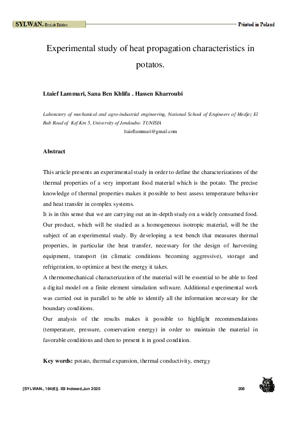 (PDF) Experimental study of heat propagation characteristics in potatos