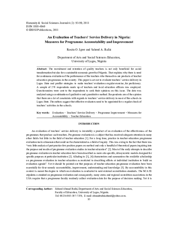 (PDF) An Evaluation of Teachers' Service Delivery in Nigeria: Measures ...