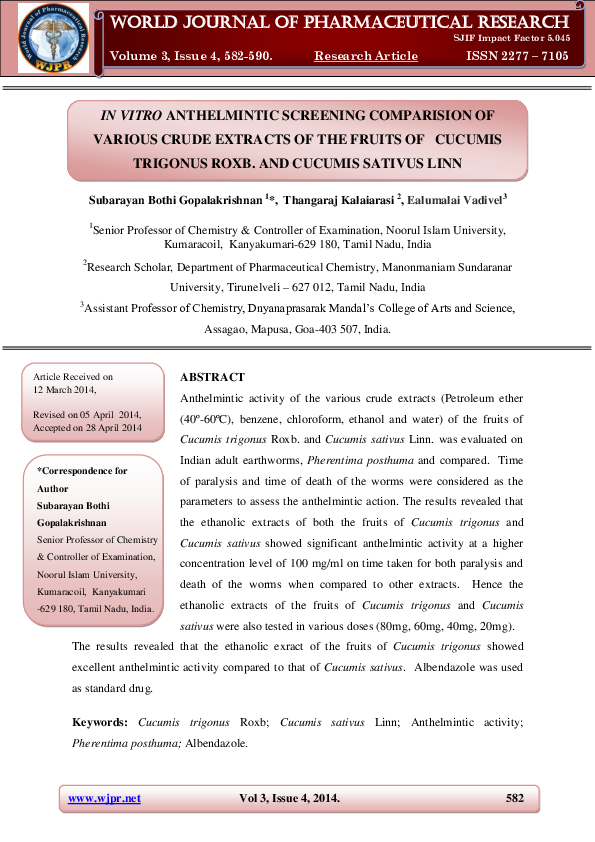 (PDF) IN VITRO ANTHELMINTIC SCREENING COMPARISION OF VARIOUS CRUDE ...