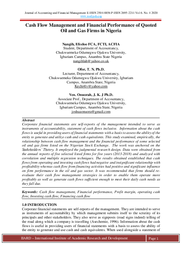 (PDF) Cash Flow Management and Financial Performance of Quoted Oil and ...