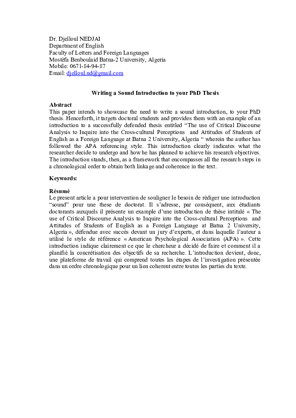 (DOC) Writing a Sound Introduction to your PhD Thesis