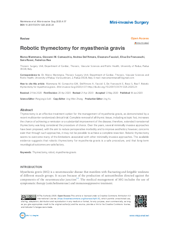 (PDF) Robotic thymectomy for myasthenia gravis Miniinvasive Surgery