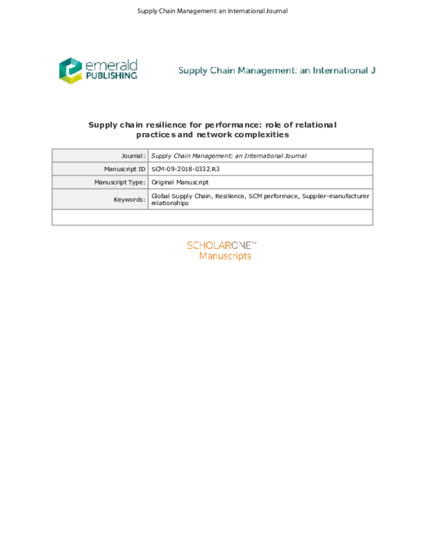 (PDF) Supply chain resilience for performance: role of relational ...