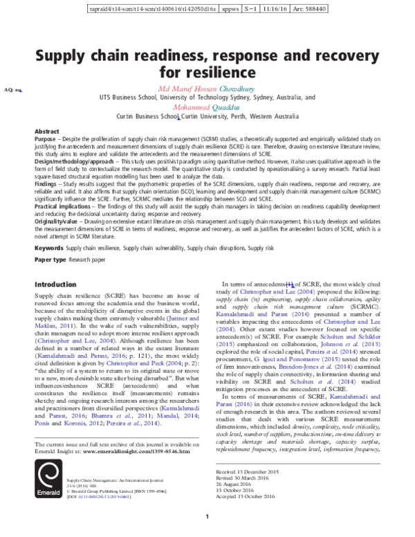 (PDF) Supply chain readiness, response and recovery for resilience