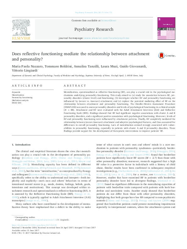 (PDF) Does reflective functioning mediate the relationship between ...
