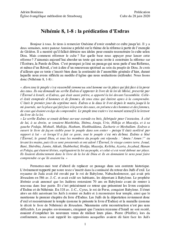 (PDF) Néhémie 8, 18 la prédication d'Esdras (Prédication, Eglise