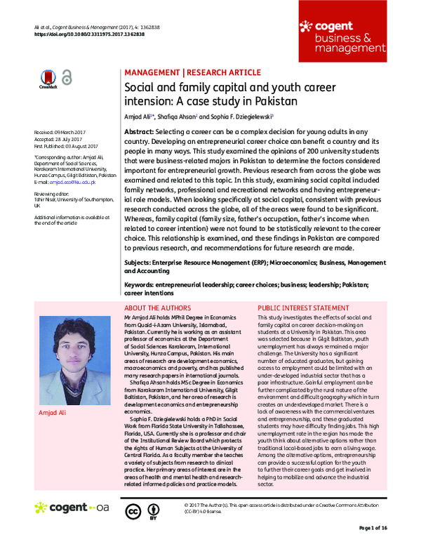 (PDF) Social and family capital and youth career intension: A case ...