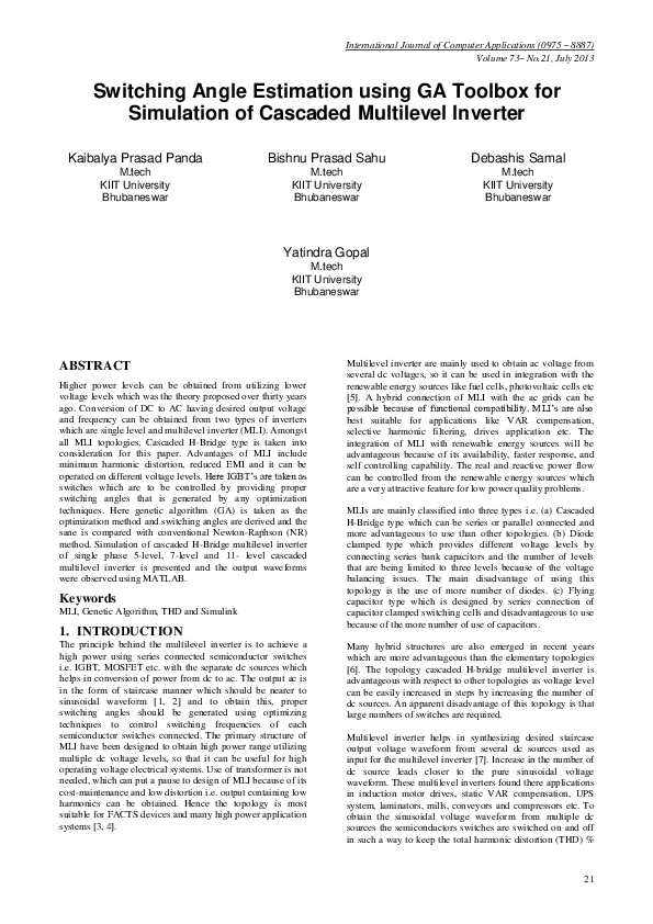 (PDF) Switching Angle Estimation using GA Toolbox for Simulation of ...
