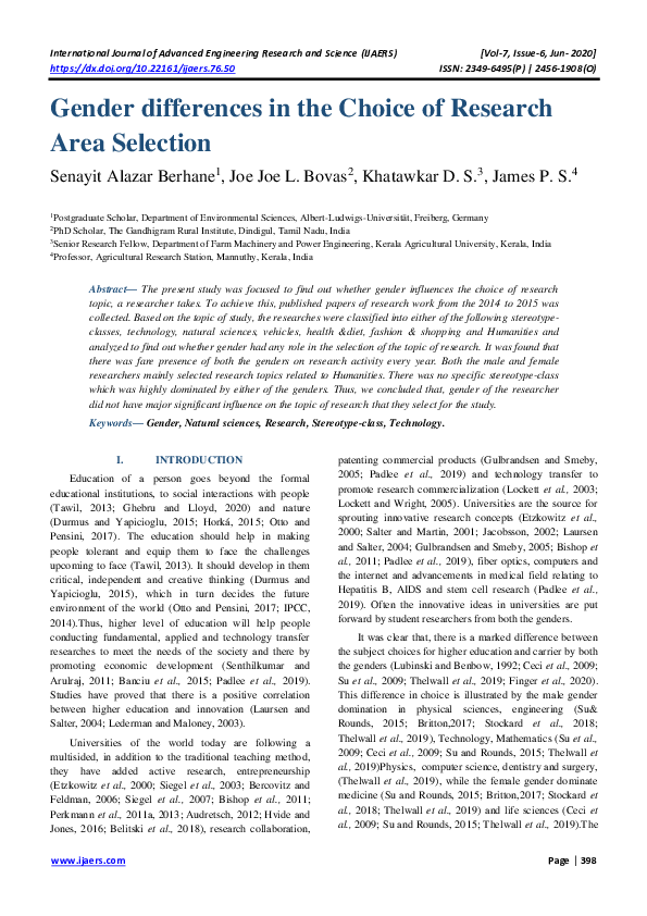(PDF) Gender differences in the Choice of Research Area Selection