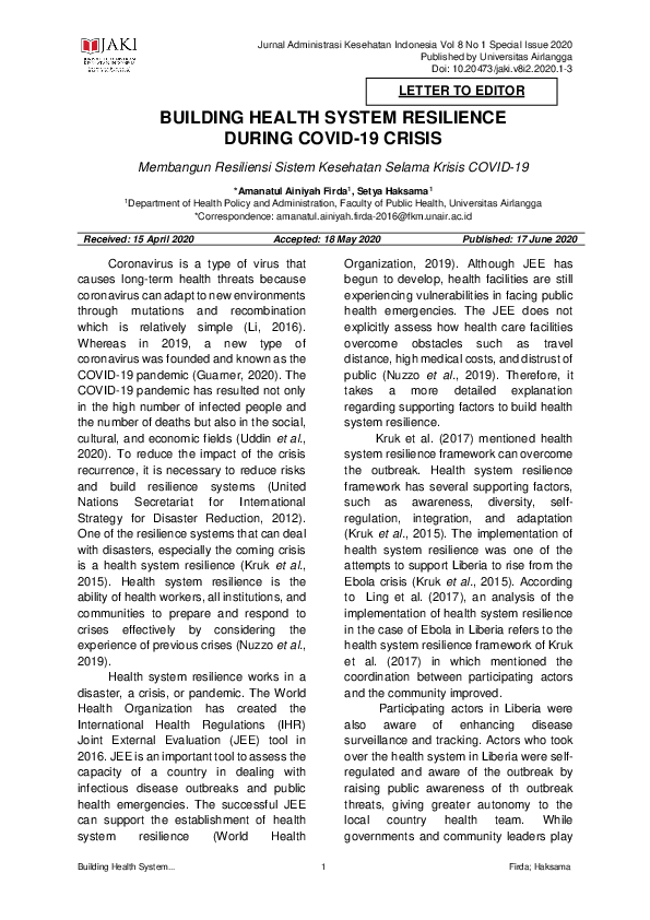 (PDF) BUILDING HEALTH SYSTEM RESILIENCE DURING COVID19