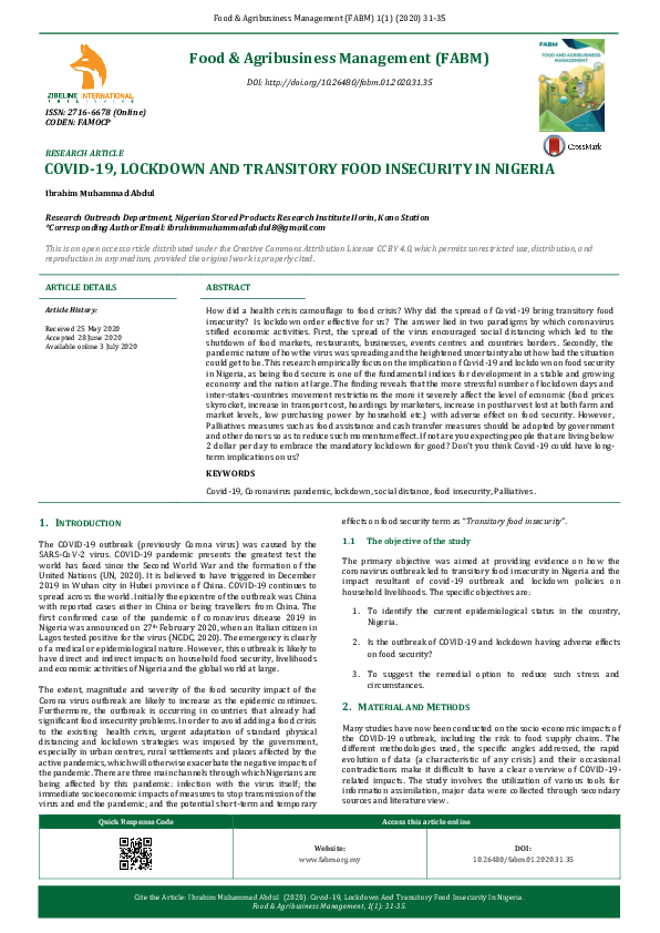 (PDF) Food & Agribusiness Management (FABM) COVID-19, LOCKDOWN AND ...