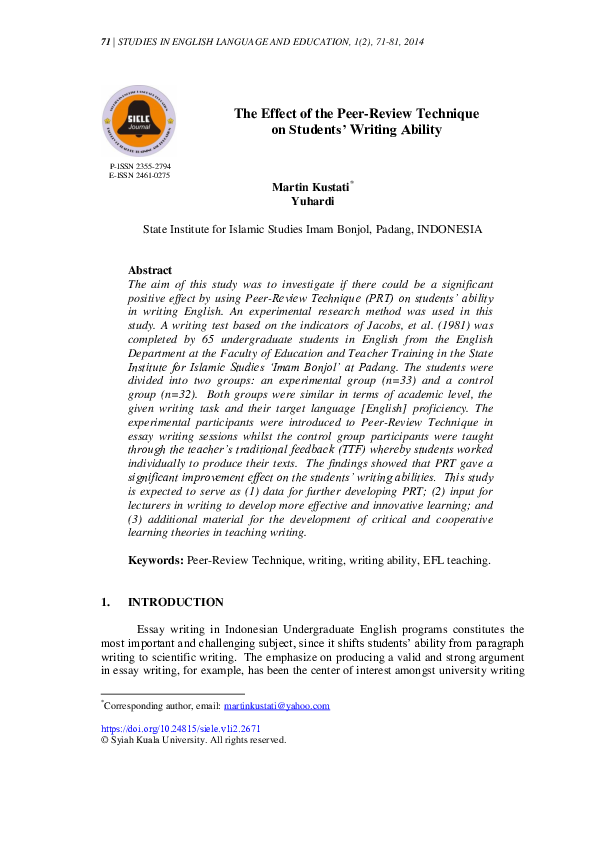 (PDF) The Effect of the Peer-Review Technique on Students’ Writing Ability