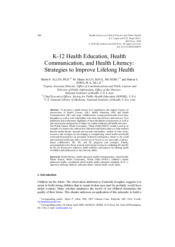 (PDF) K12 Health Education, Health Communication, and Health Literacy