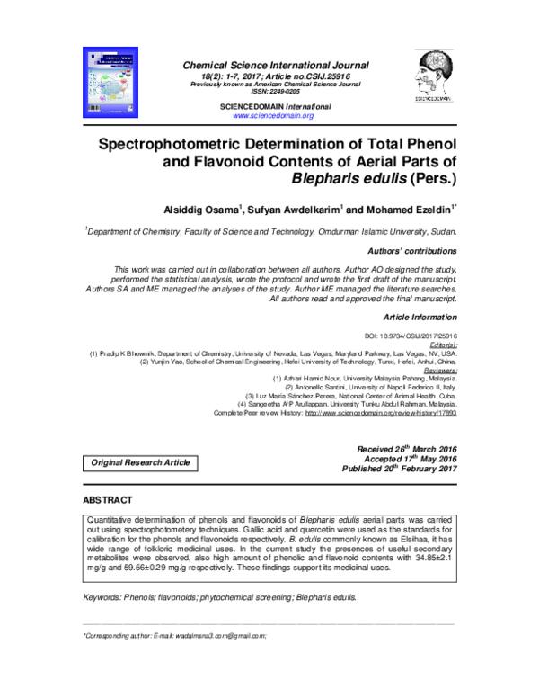 (PDF) Spectrophotometric Determination of Total Phenol and Flavonoid ...