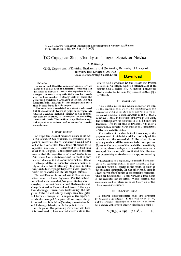 (PDF) DC Capacitor Simulation by an Integral Equation Method Stephen
