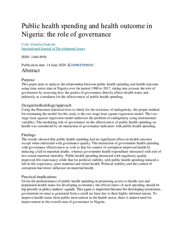 (PDF) Public health spending and health outcome in Nigeria: the role of ...