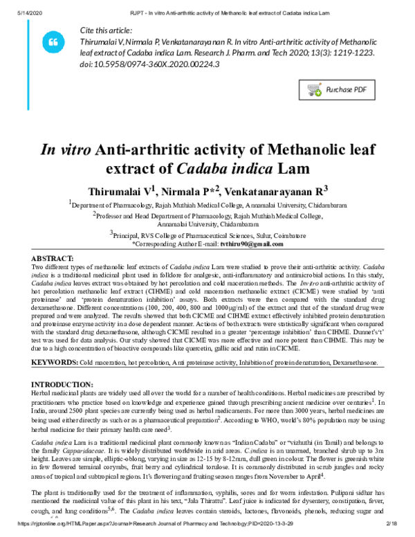 (PDF) In vitro Anti-arthritic activity of Methanolic leaf extract of ...