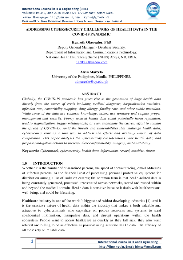 (PDF) Addressing Cybersecurity Challenges of Health Data in the COVID ...