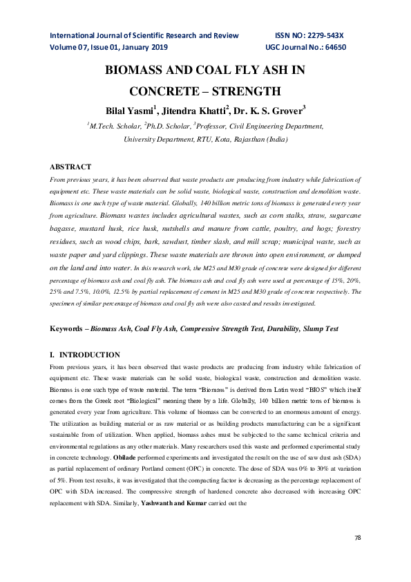 (PDF) BIOMASS AND COAL FLY ASH IN CONCRETE -STRENGTH