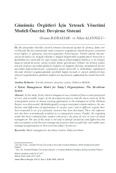 (PDF) Günümüz Örgütleri İçin Yetenek Yönetimi Modeli Önerisi: Devşirme ...