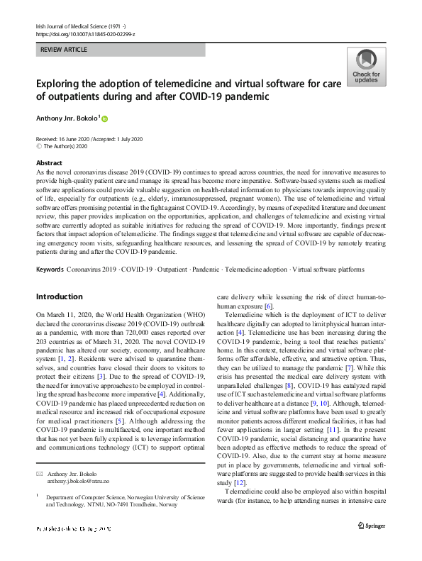 (PDF) Exploring the adoption of telemedicine and virtual software for ...