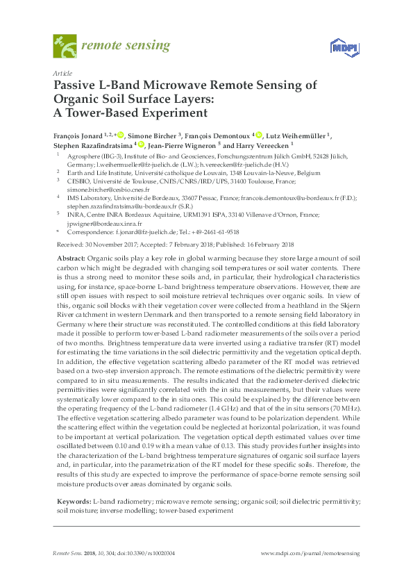 (PDF) Passive L-Band Microwave Remote Sensing of Organic Soil Surface ...