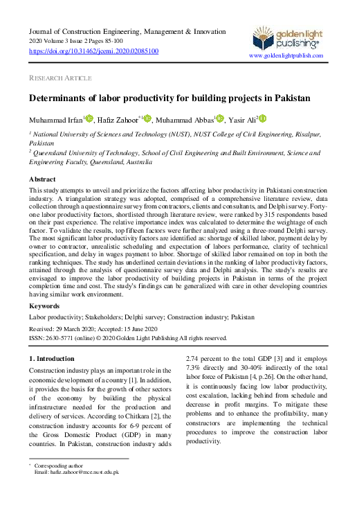 (PDF) Determinants of labor productivity for building projects in Pakistan