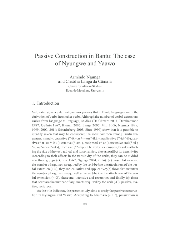 (PDF) Passive Construction in Bantu: The case of Nyungwe and Yaawo
