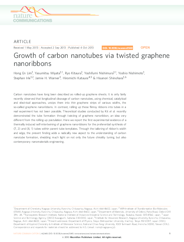 (PDF) Growth of carbon nanotubes via twisted graphene nanoribbons